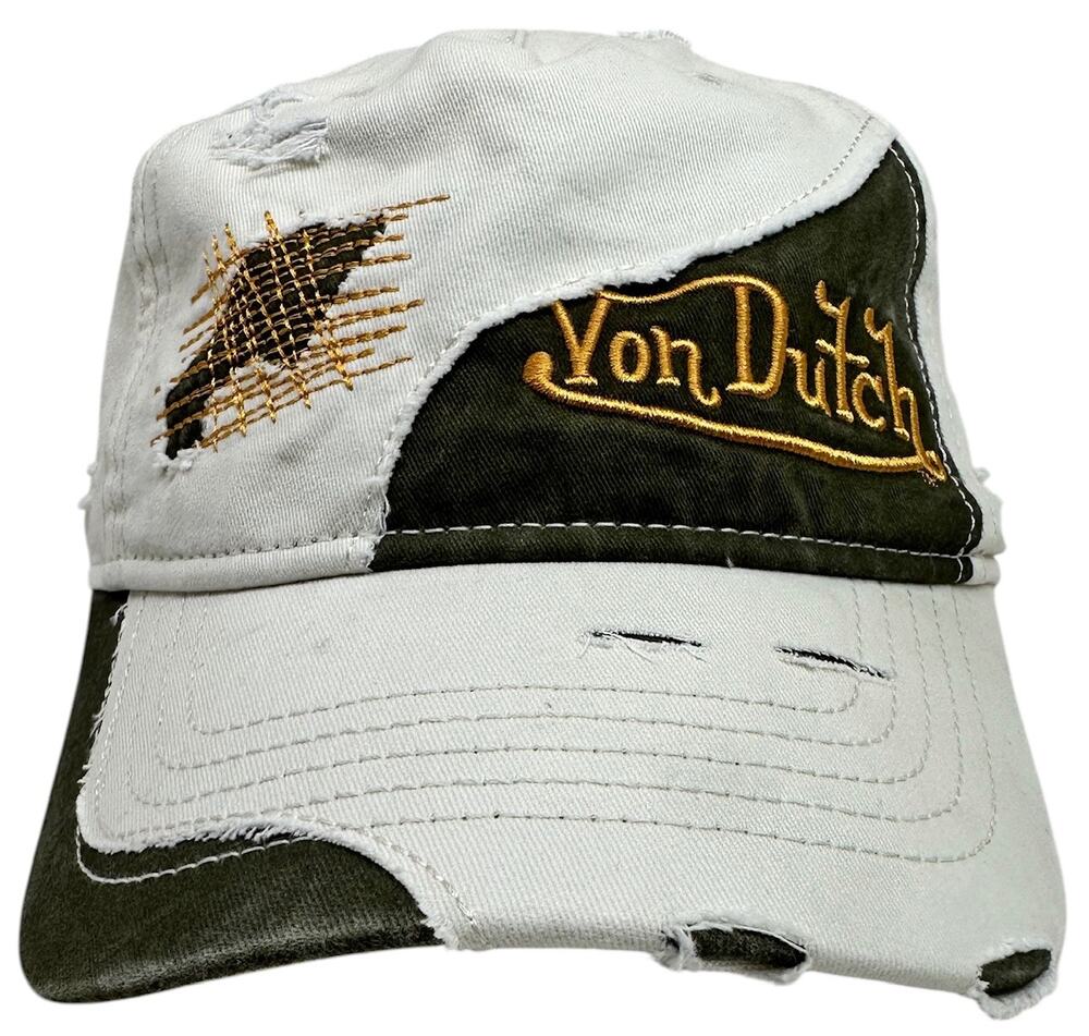 Von Dutch Trucker Hat Misfit Distressed Rips Embroidered Off White Strapback Cap
